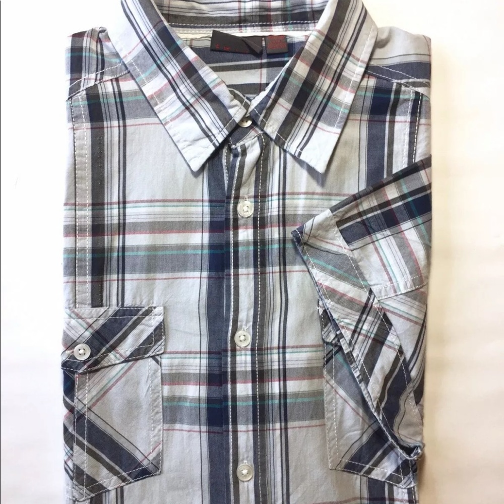 Esprit Men’s Short Sleeve Button Down Shirt Blue Grey Plaid L